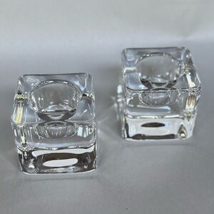 Orrefors Sweden Crystal Ice Cube Votive Candle Holders Signed Set of 2